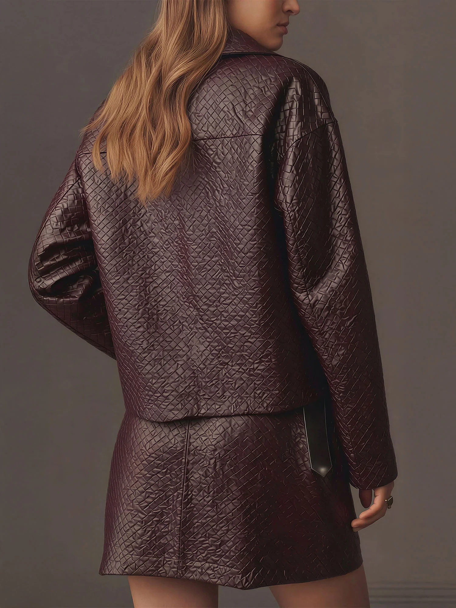 Basket Weave Faux Leather Collared Jacket - Image 3