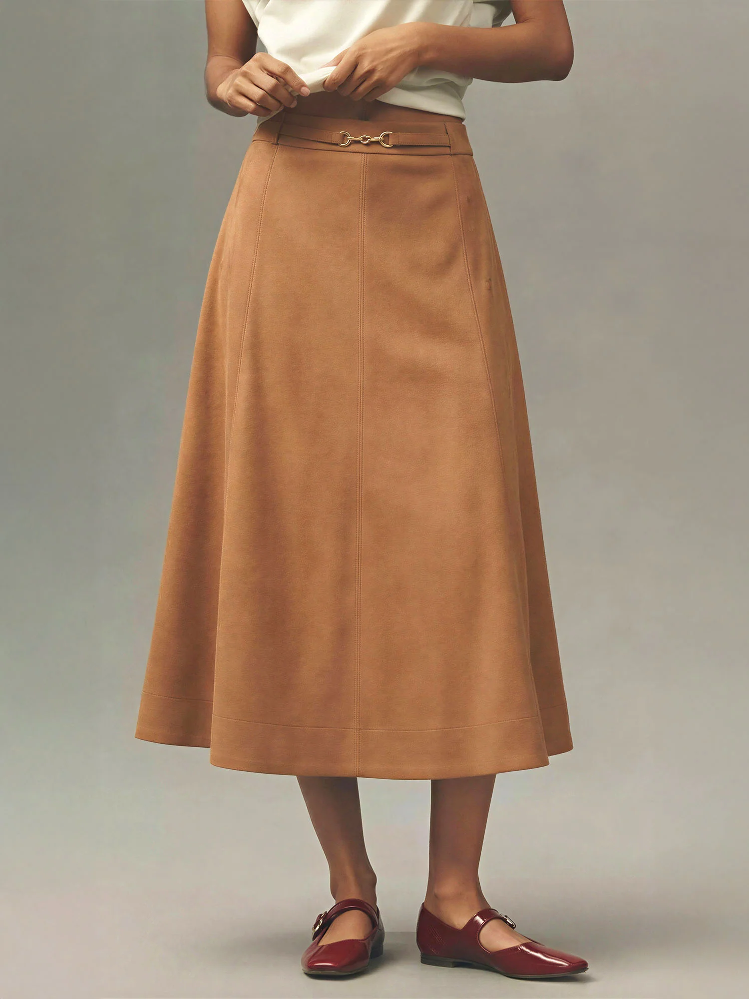 Belted Suede A-Line Midi Skirt - Image 3