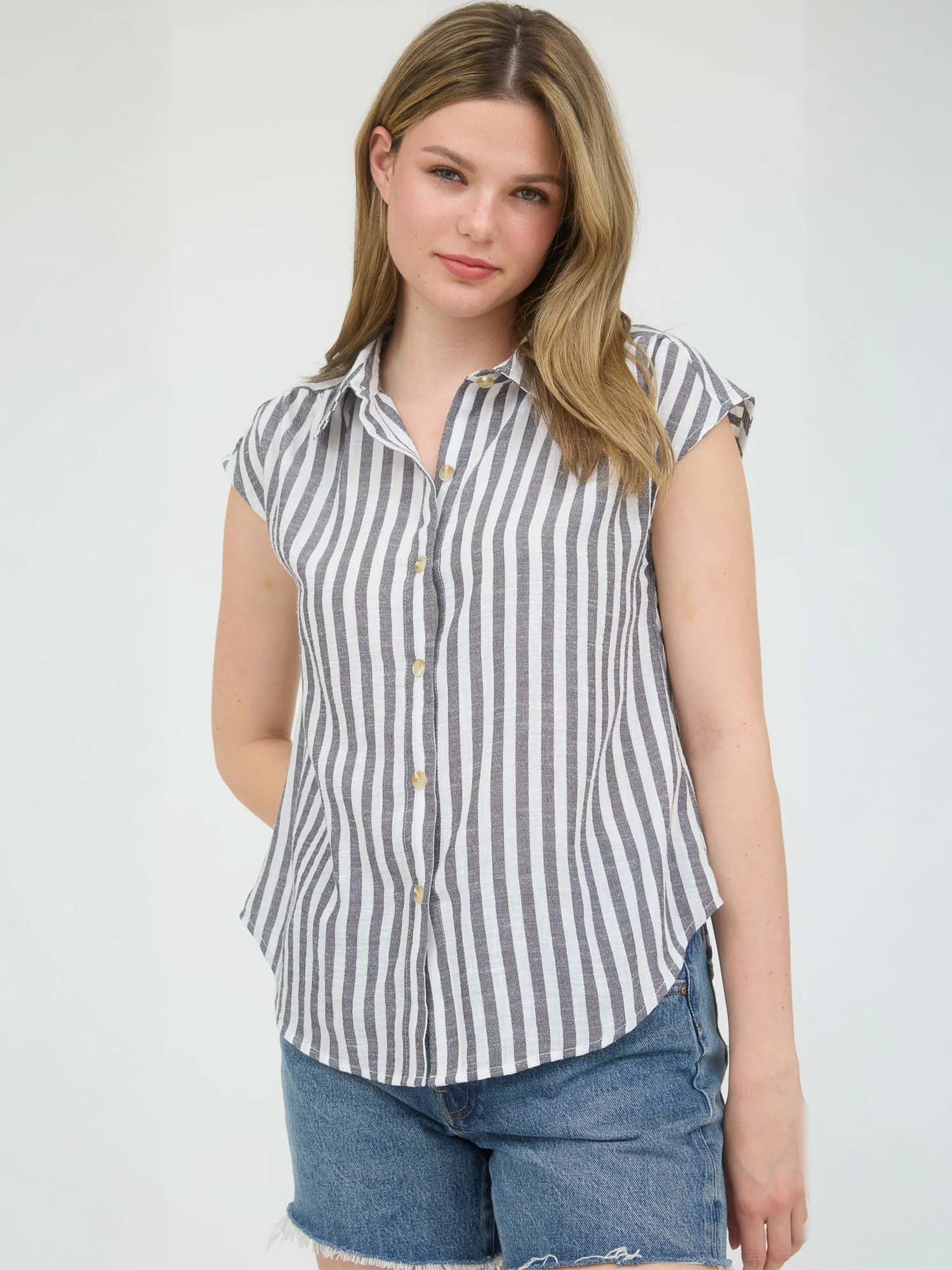 Cap Sleeve Stripe Button Down Lightweight Shirt - Image 4