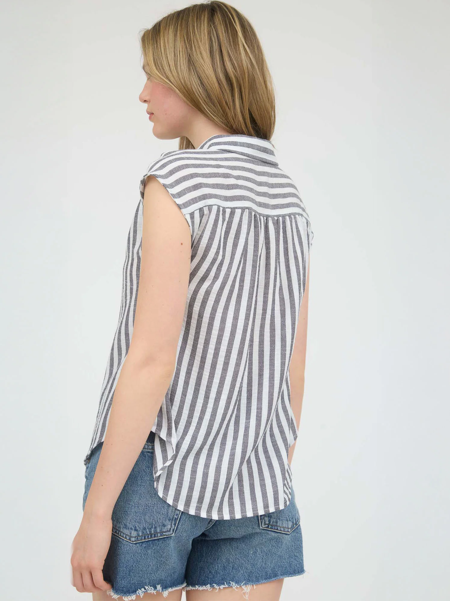 Cap Sleeve Stripe Button Down Lightweight Shirt - Image 5