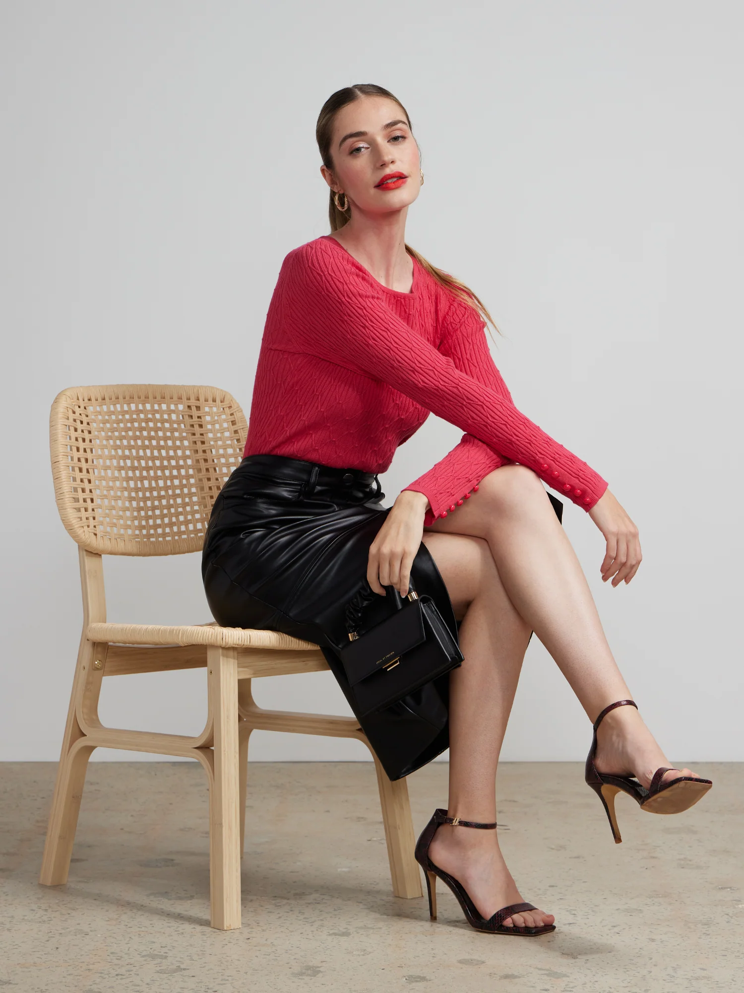 Faux Leather Front Slit Midi Skirt - Image 4