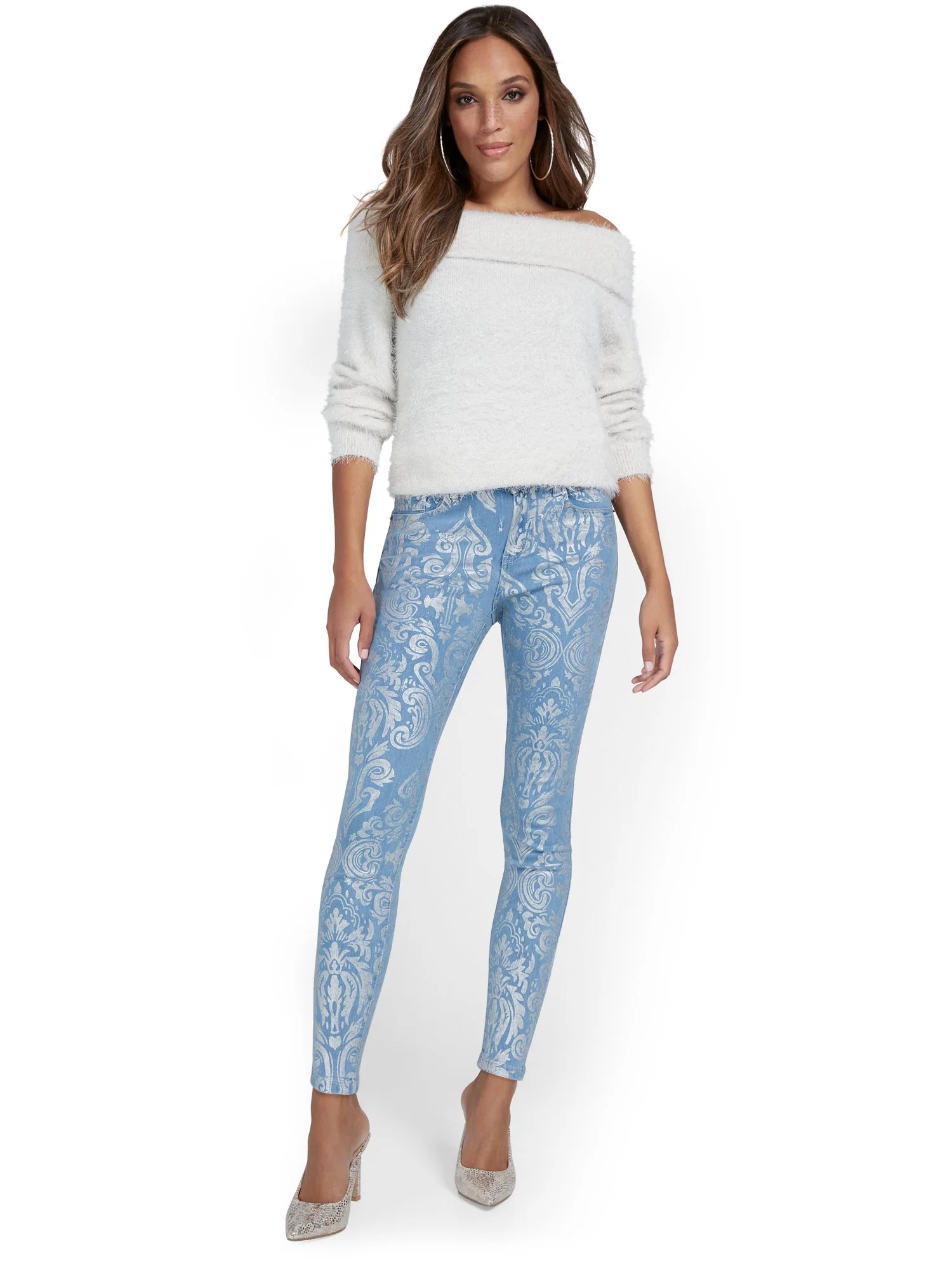 High-Waisted Metallic Paisley Skinny Ankle Jeans - Image 4