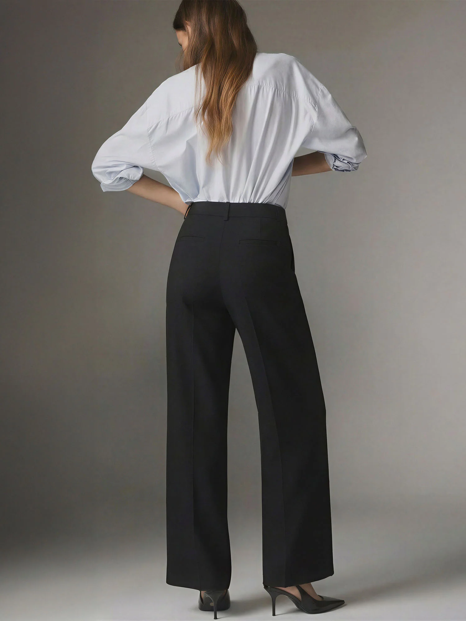 High Waisted Pleated Elastic Back Waist Straight Leg Pants - Image 4