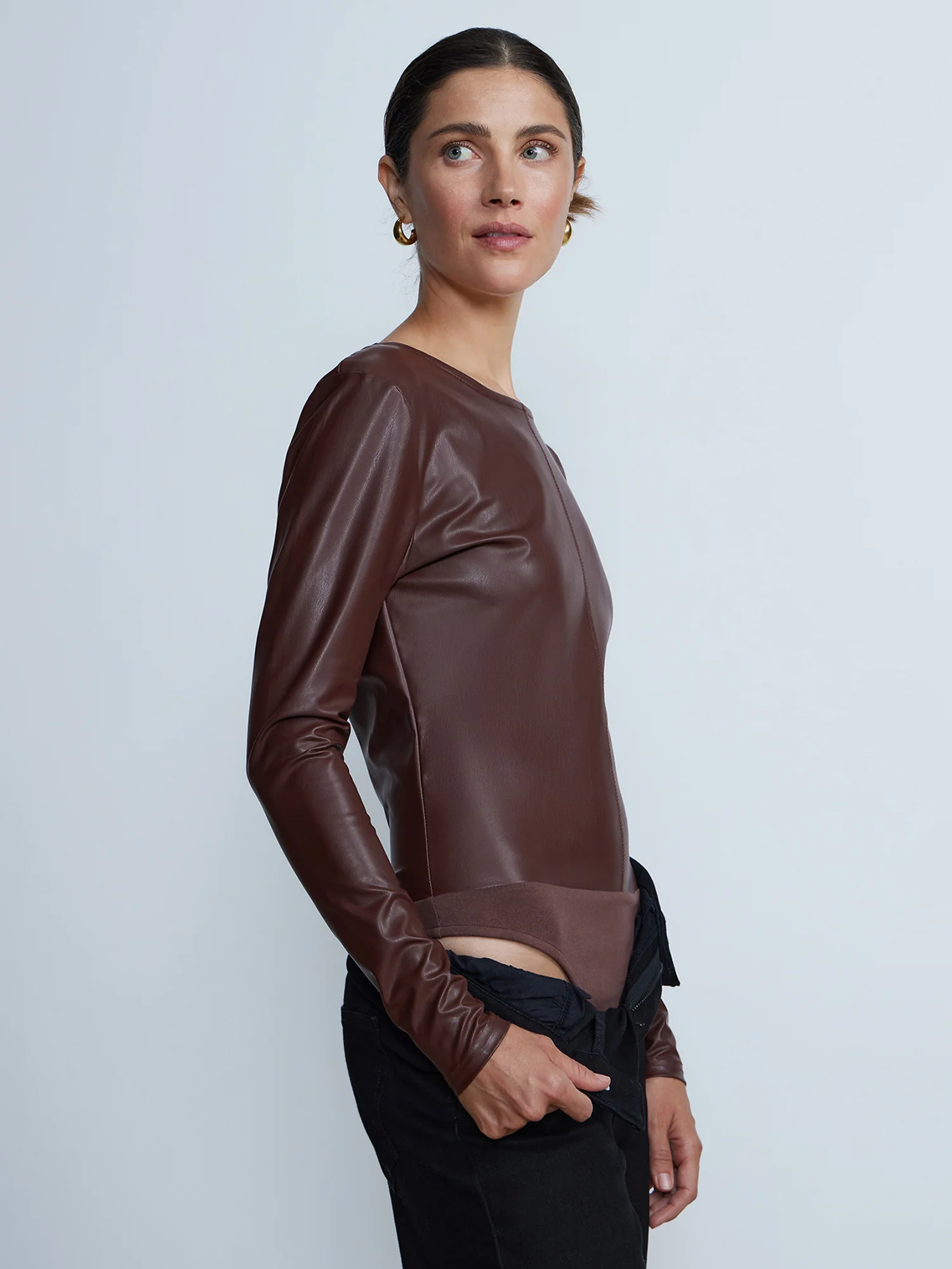 Long Sleeve Round Neck Vegan Leather Bodysuit - Image 6