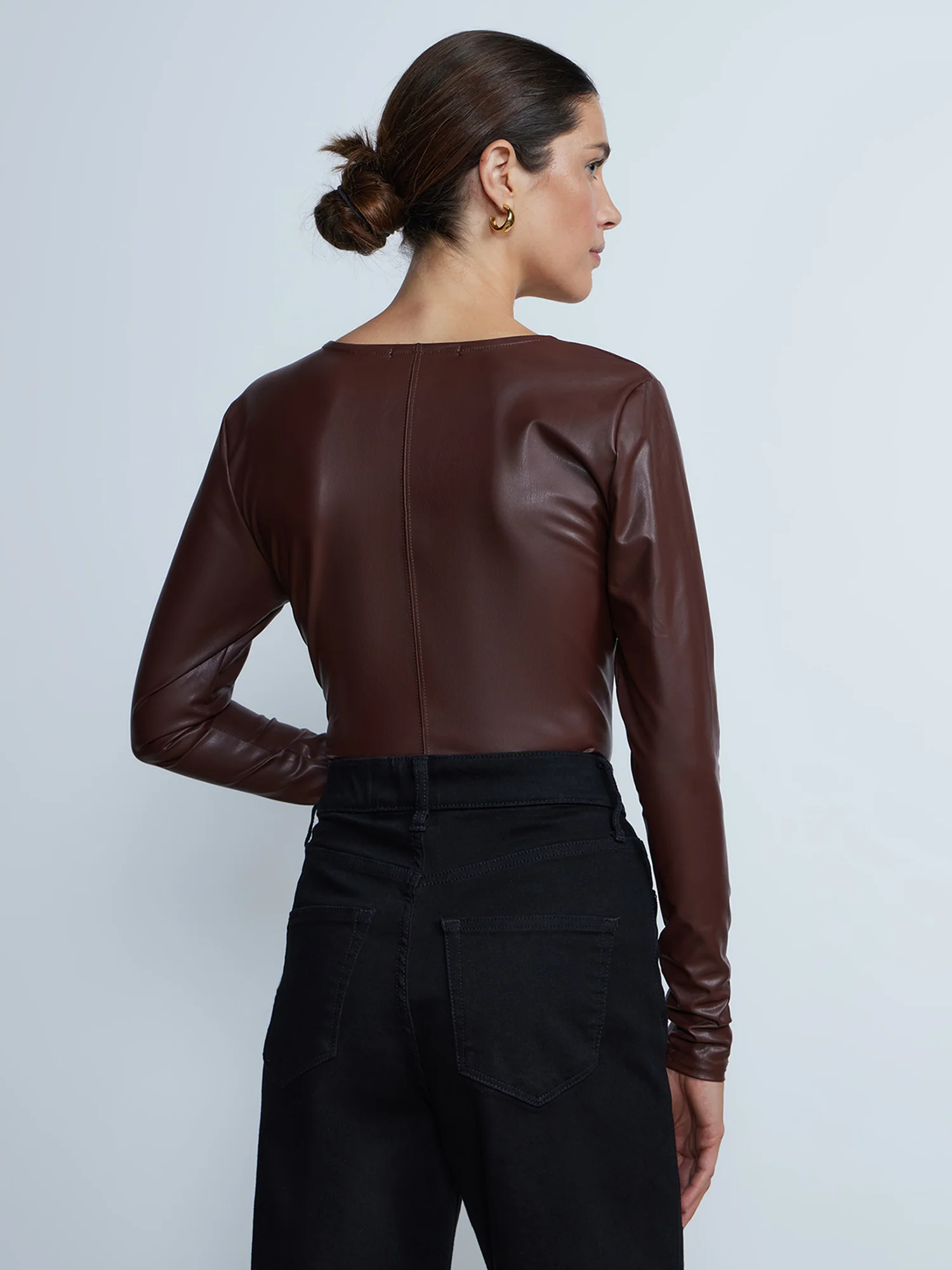 Long Sleeve Round Neck Vegan Leather Bodysuit - Image 7