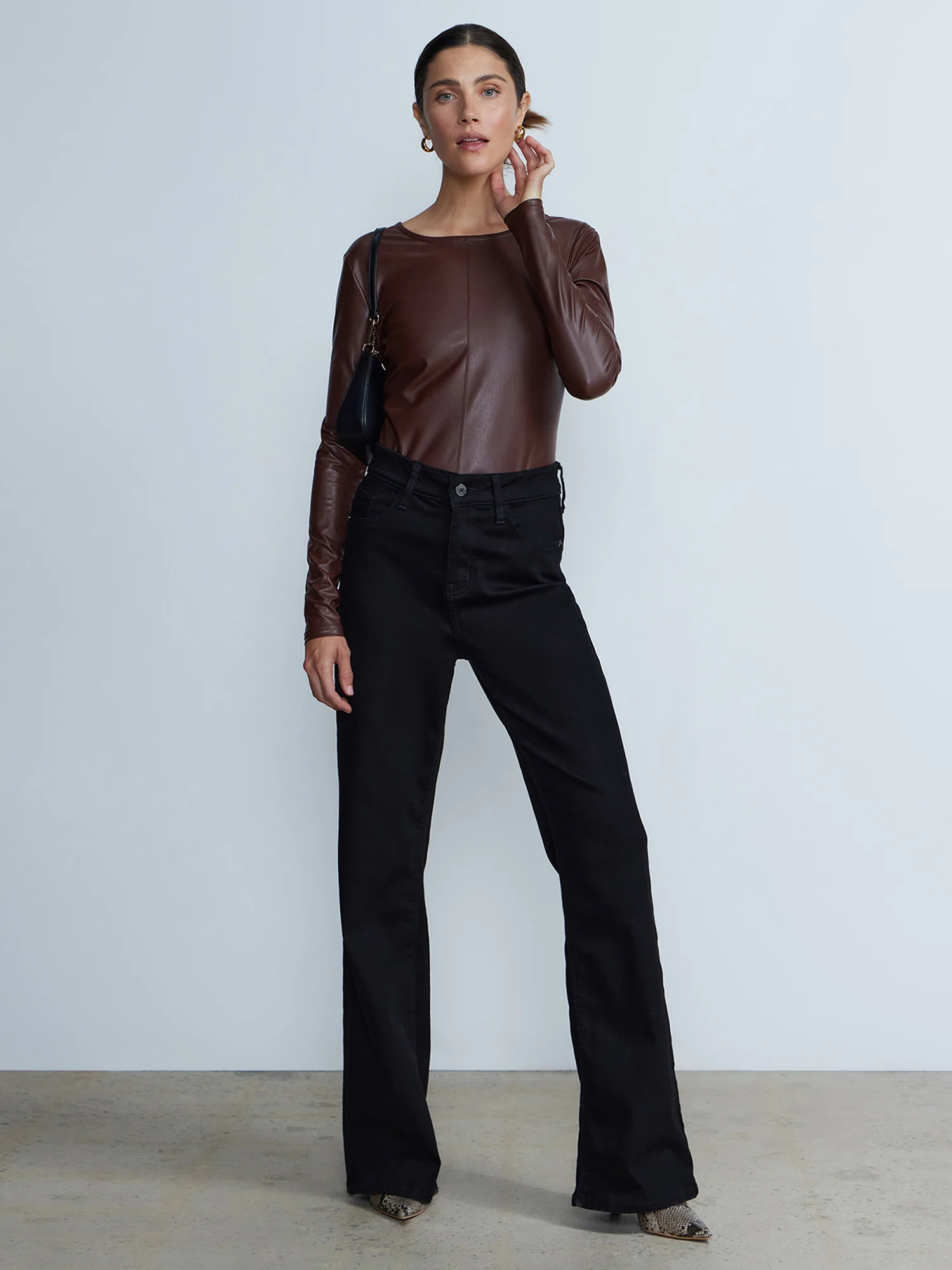 Long Sleeve Round Neck Vegan Leather Bodysuit - Image 8