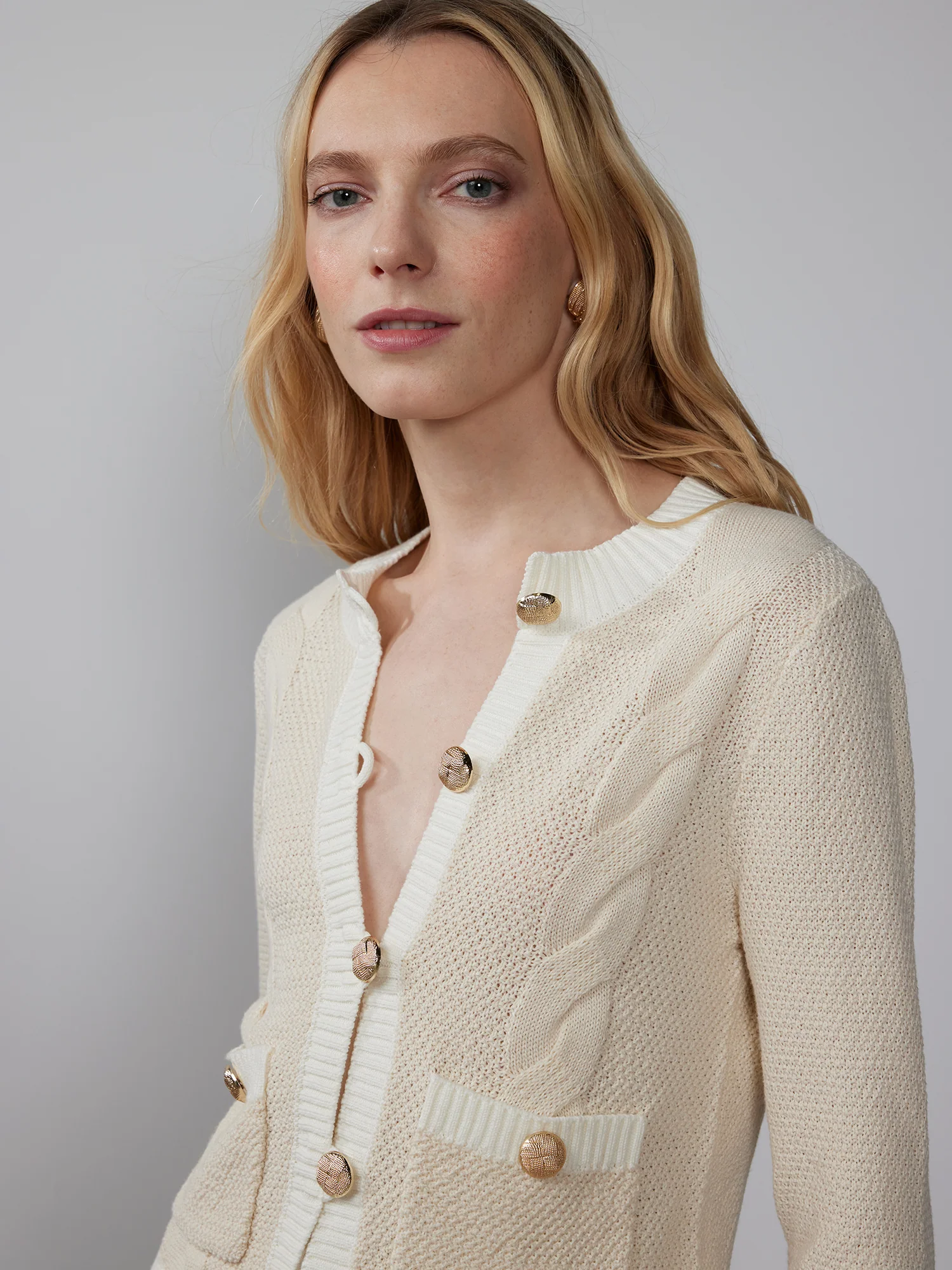 Long Sleeve Cable Gold Button Cardigan - Image 4