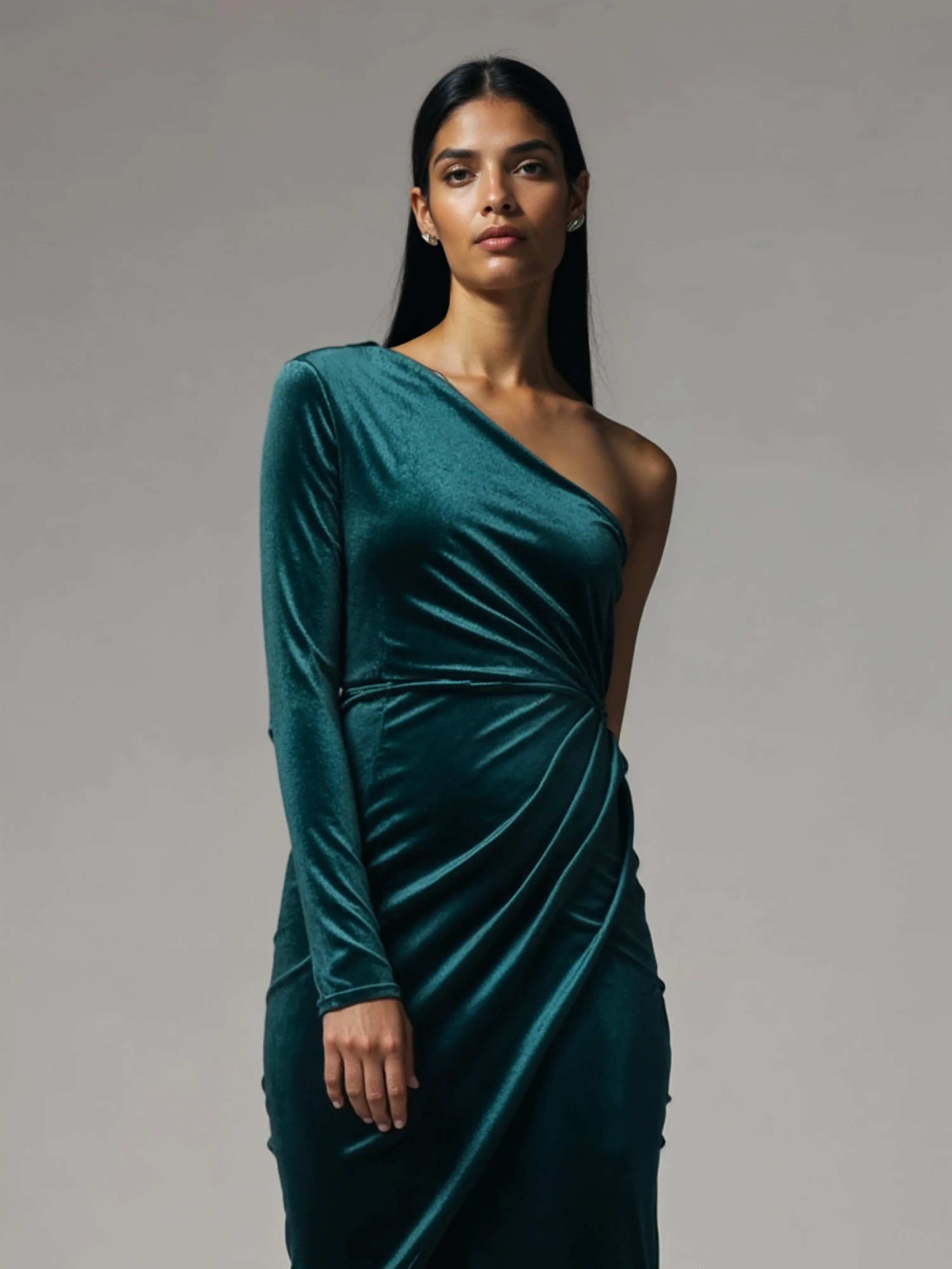 Long Sleeve One-Shoulder Velvet Midi Dress - Image 4
