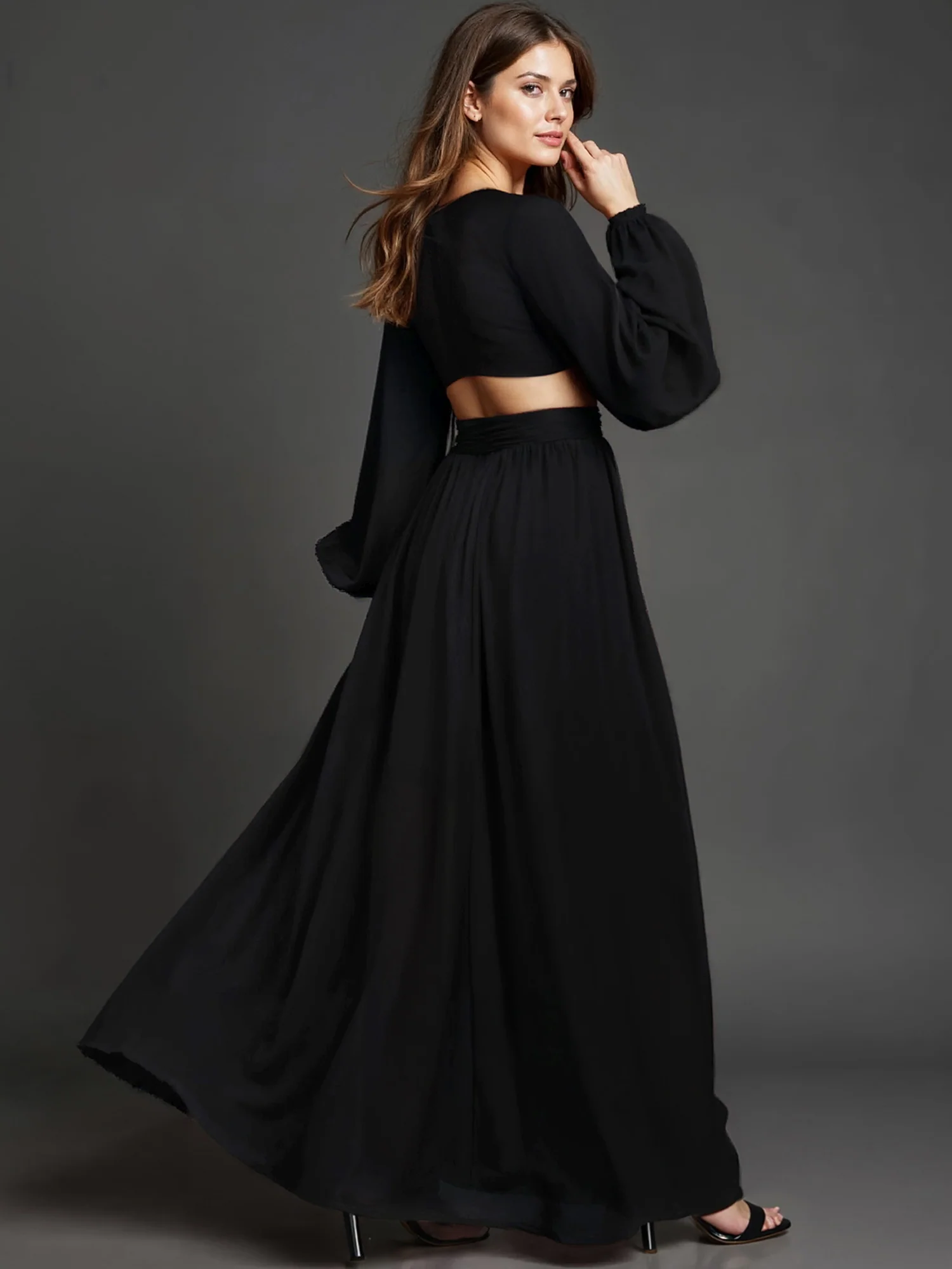 Long Sleeve Pleated Back Cutout Woven Maxi Dress - Image 3