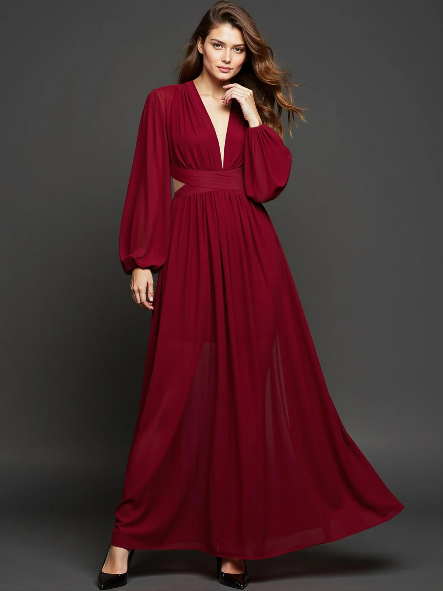 Long Sleeve Pleated Back Cutout Woven Maxi Dress - Image 5