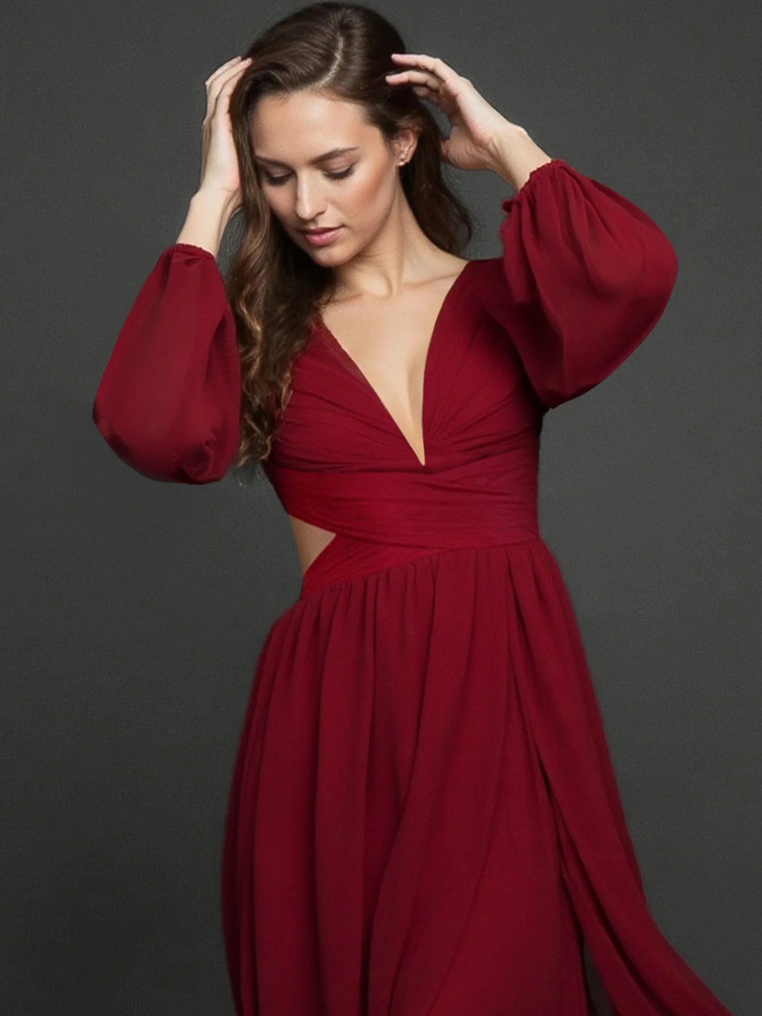 Long Sleeve Pleated Back Cutout Woven Maxi Dress - Image 6