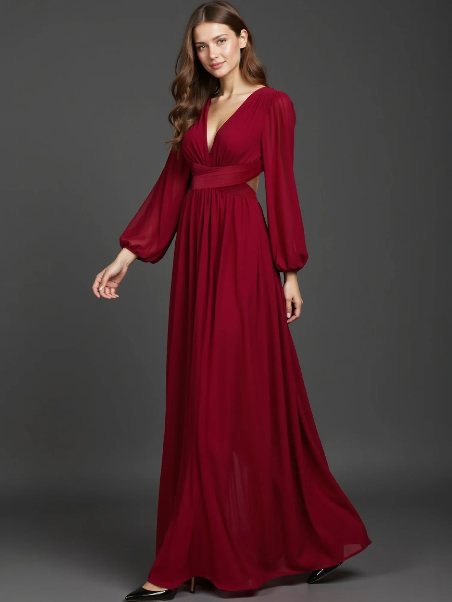 Long Sleeve Pleated Back Cutout Woven Maxi Dress - Image 7