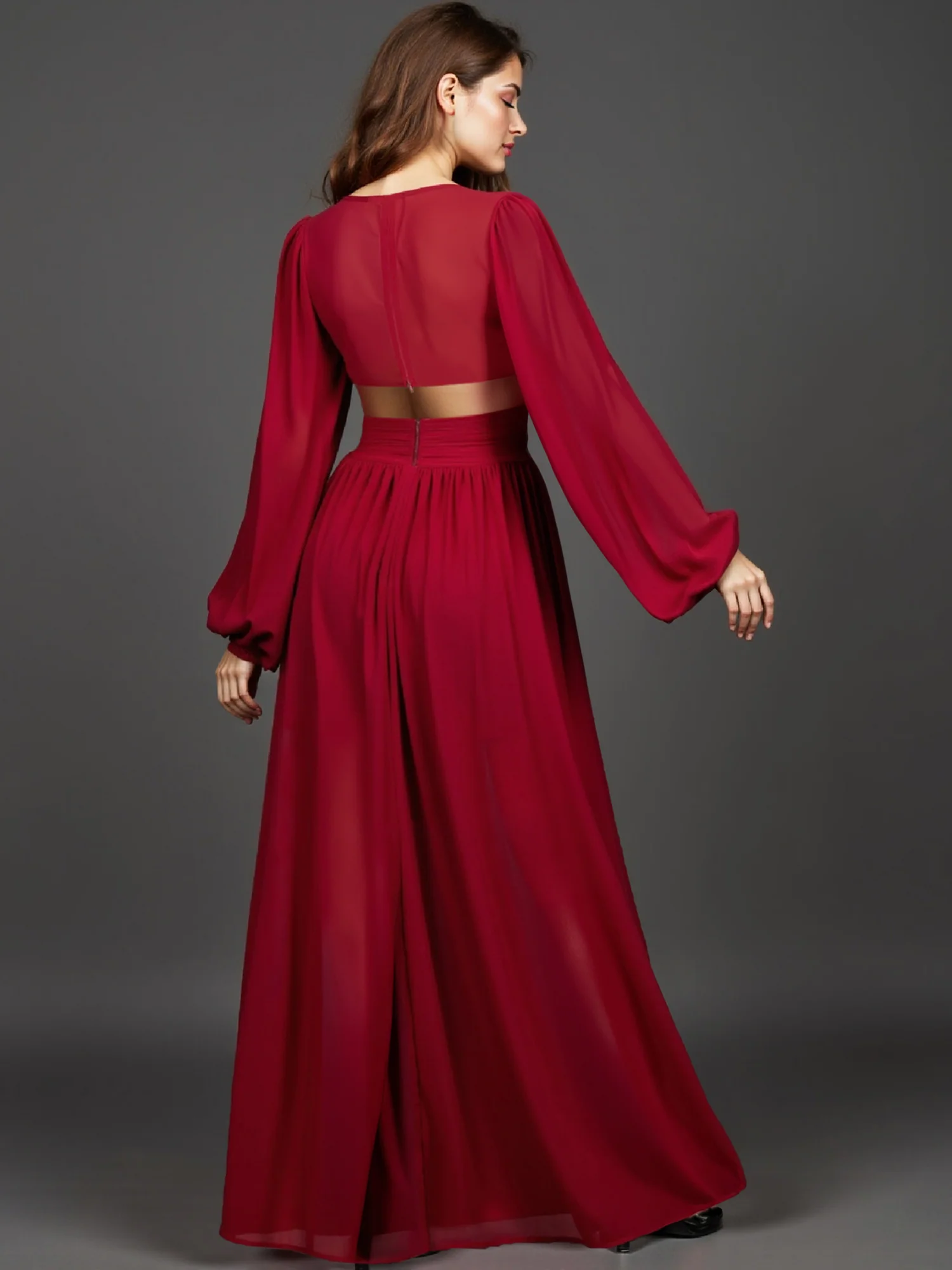 Long Sleeve Pleated Back Cutout Woven Maxi Dress - Image 8