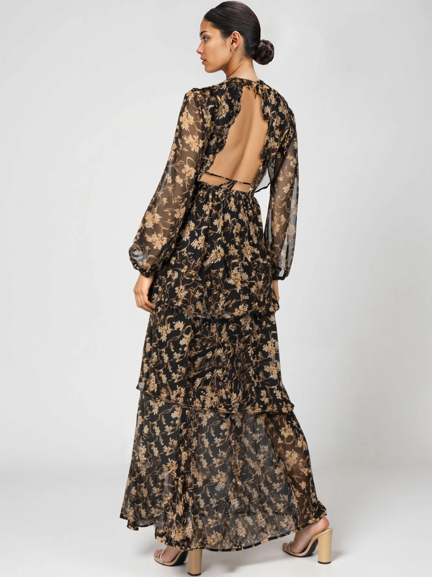 Long Sleeve Printed Ruffle Back Woven Maxi Dress - Image 3