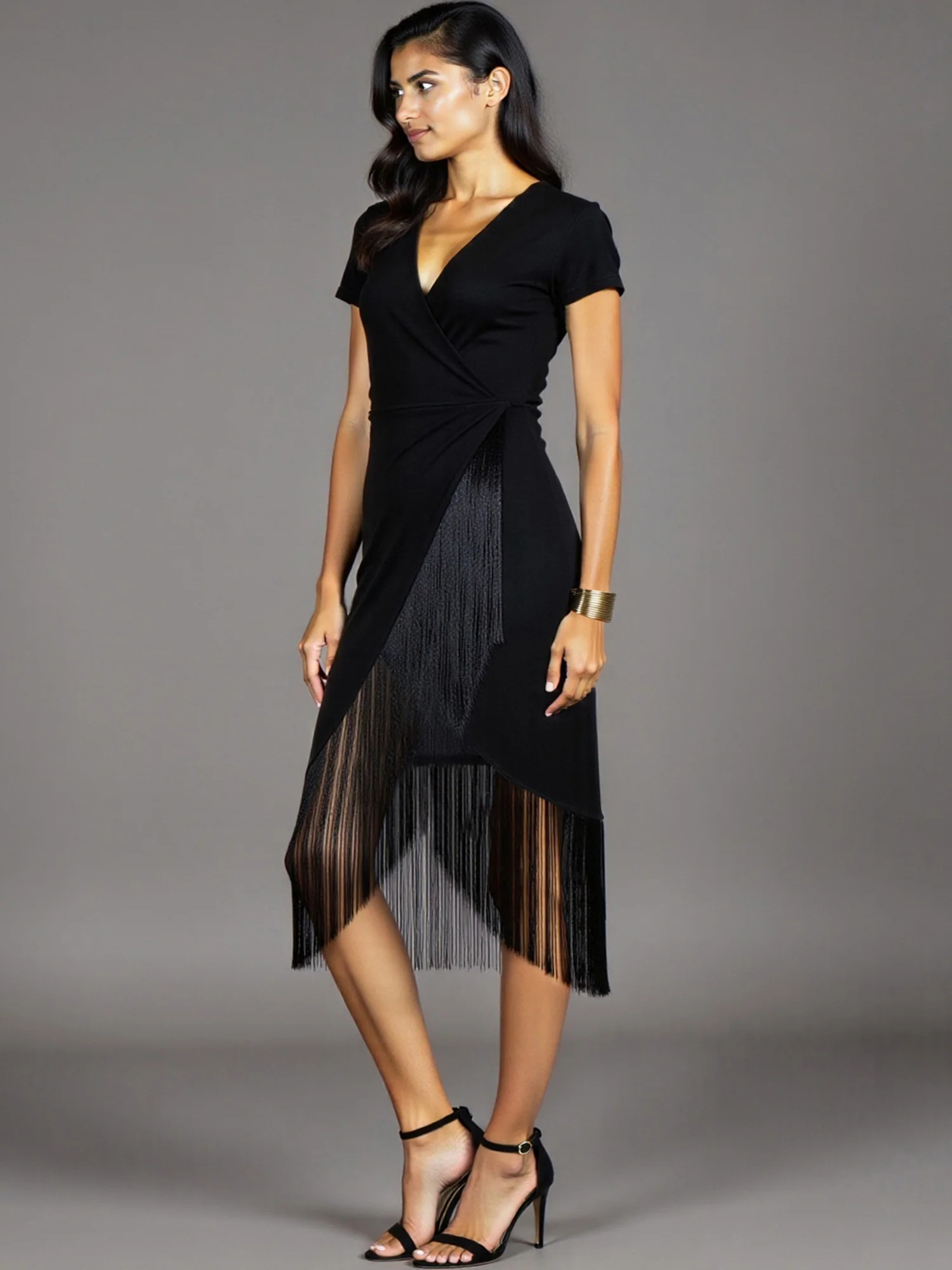 Short Sleeves Fringe Detail Midi Dress - Image 3