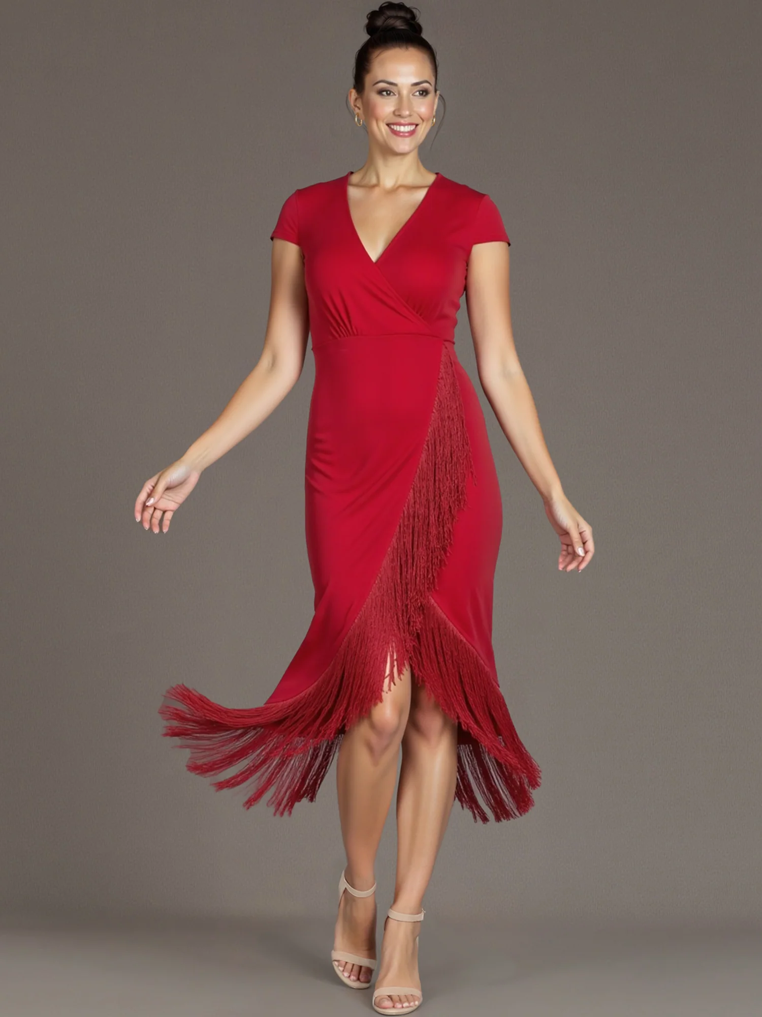 Short Sleeves Fringe Detail Midi Dress - Image 6