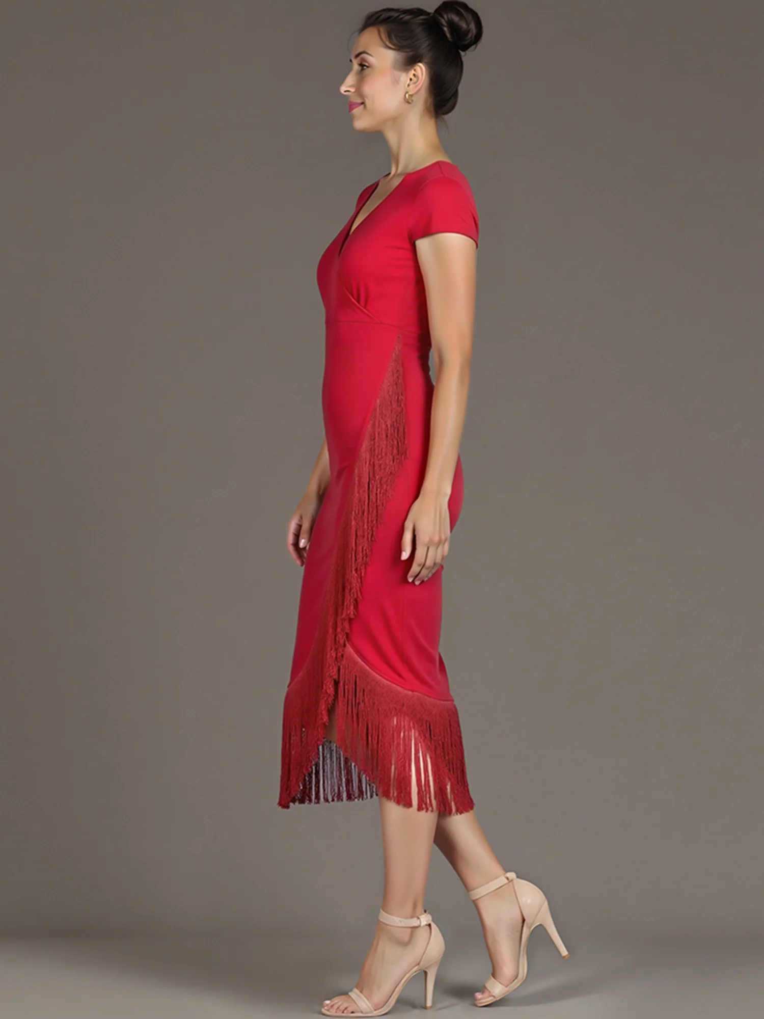 Short Sleeves Fringe Detail Midi Dress - Image 8