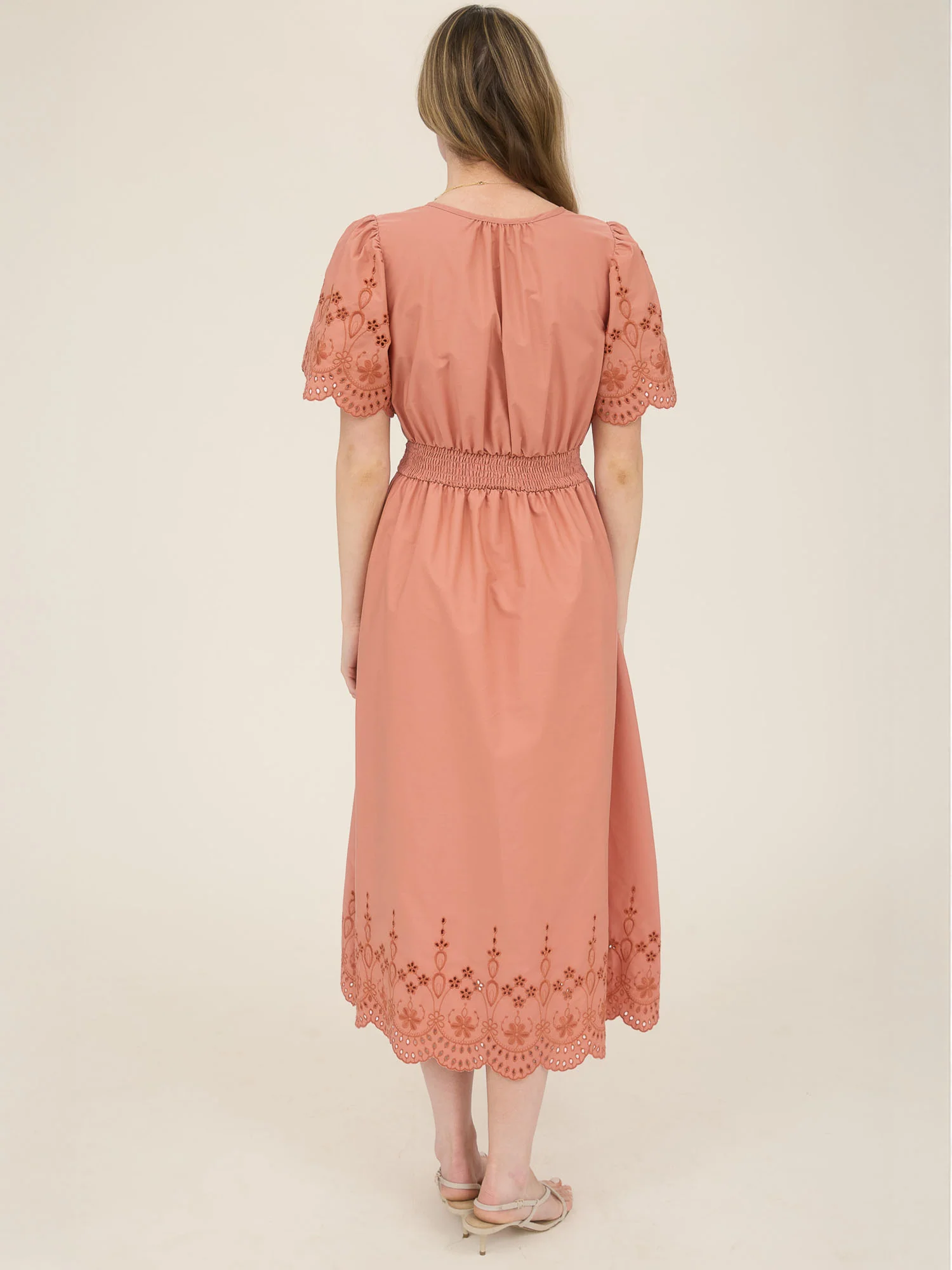 V-Neck Eyelet Sleeves Midi Dress With Bottom Tier Eyelet - Image 10