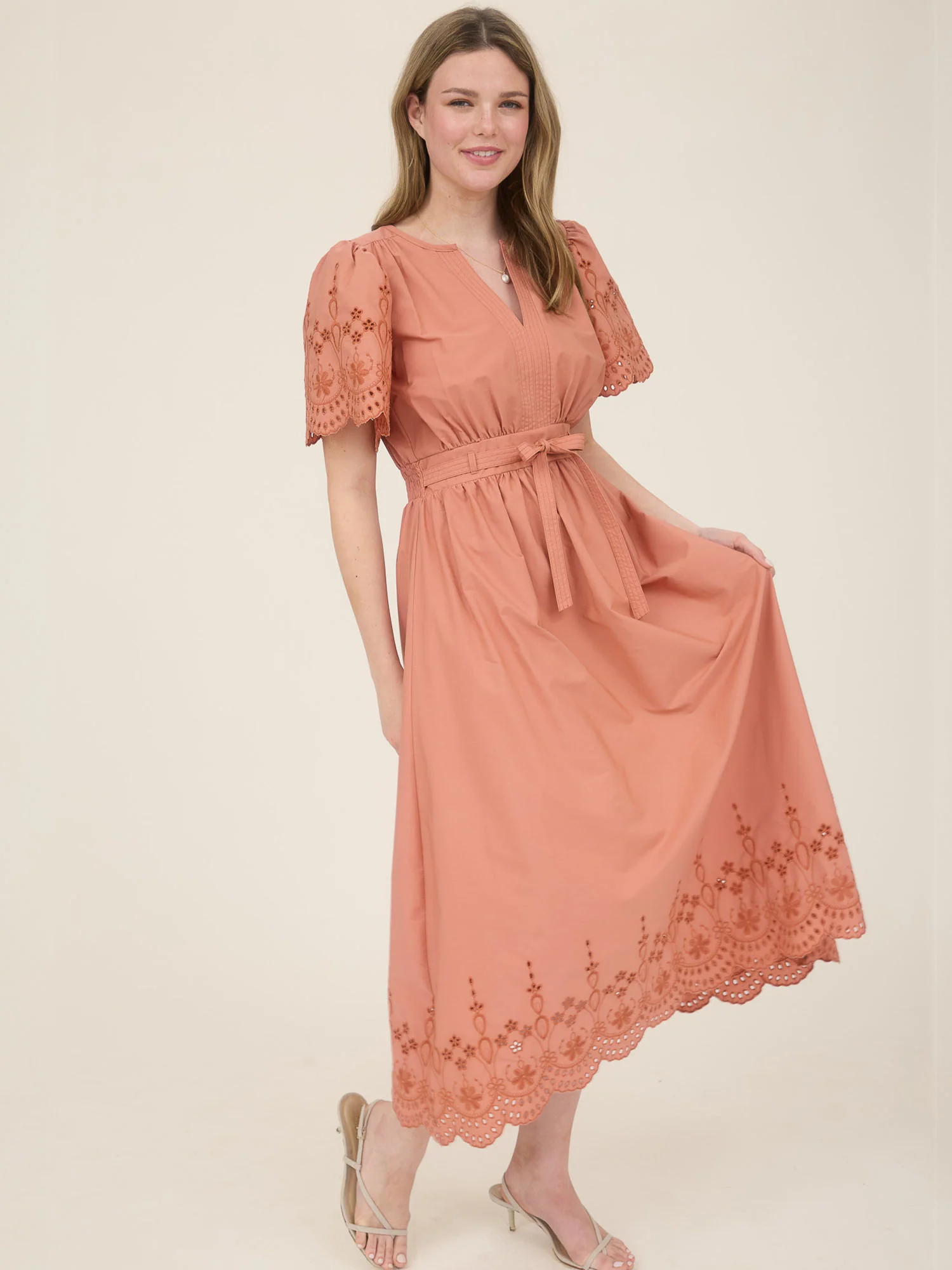 V-Neck Eyelet Sleeves Midi Dress With Bottom Tier Eyelet - Image 11