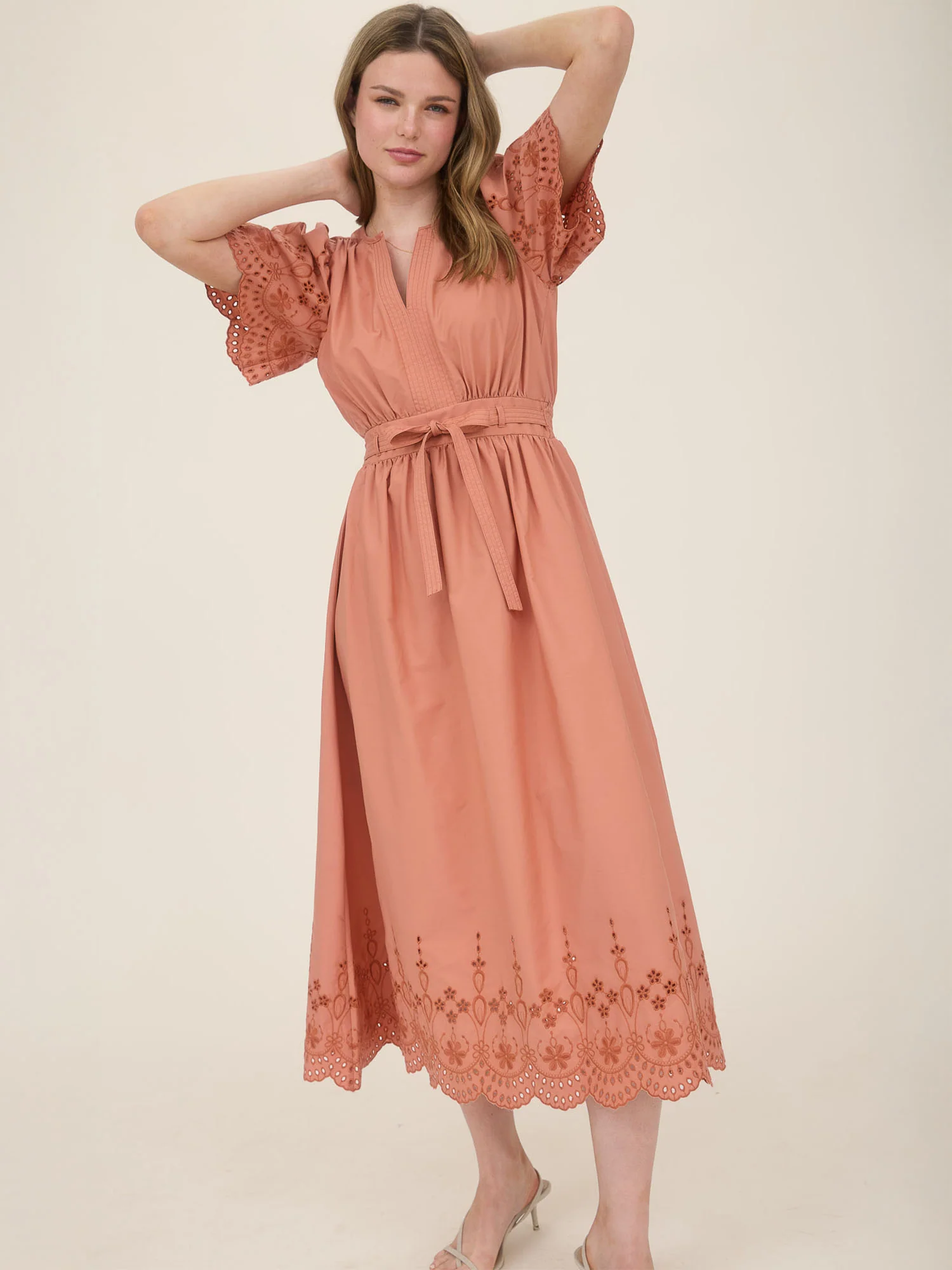 V-Neck Eyelet Sleeves Midi Dress With Bottom Tier Eyelet - Image 12