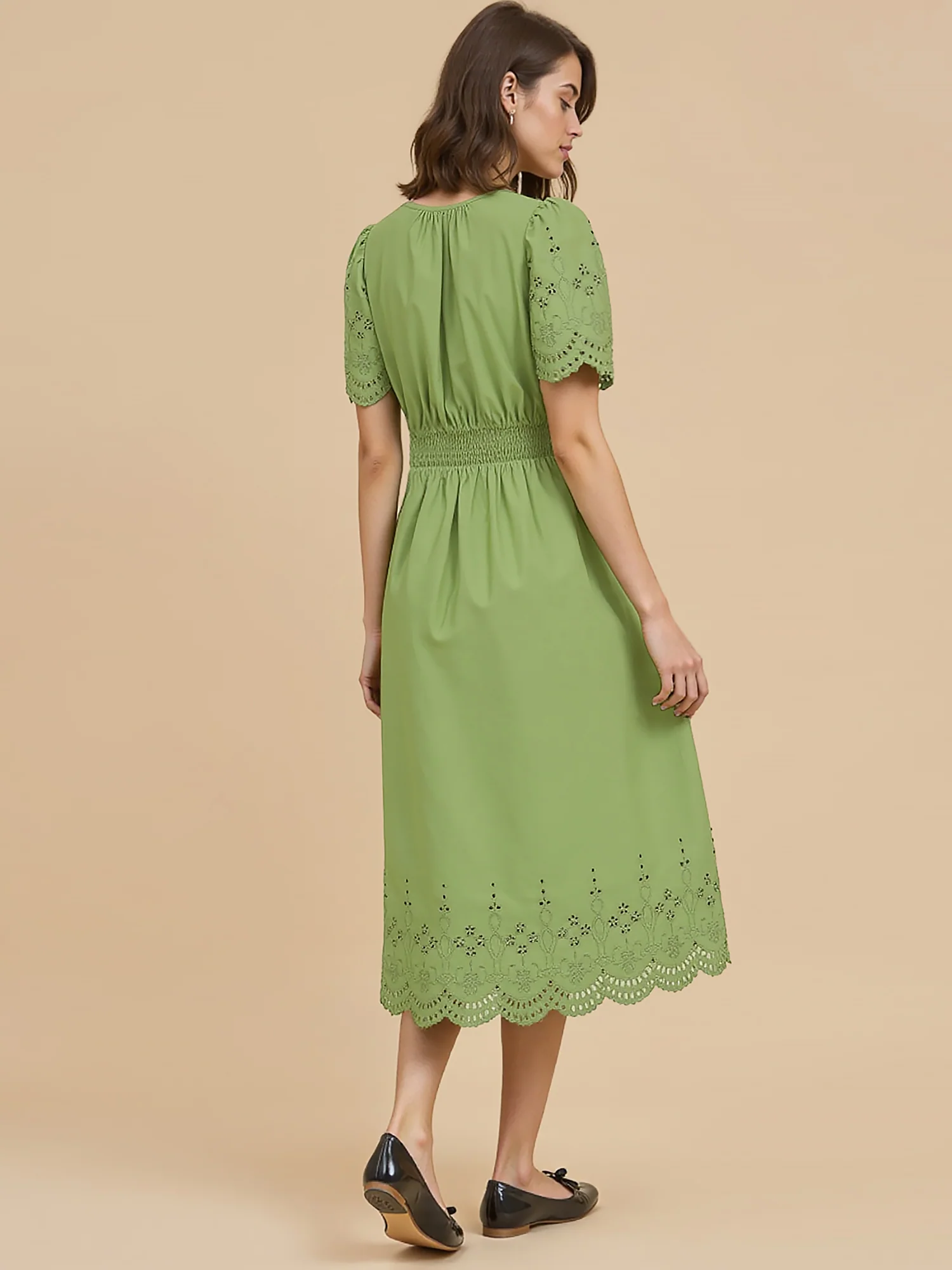 V-Neck Eyelet Sleeves Midi Dress With Bottom Tier Eyelet - Image 3