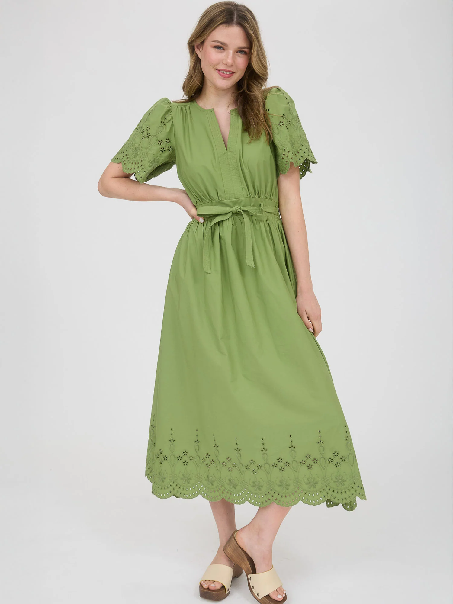 V-Neck Eyelet Sleeves Midi Dress With Bottom Tier Eyelet - Image 4