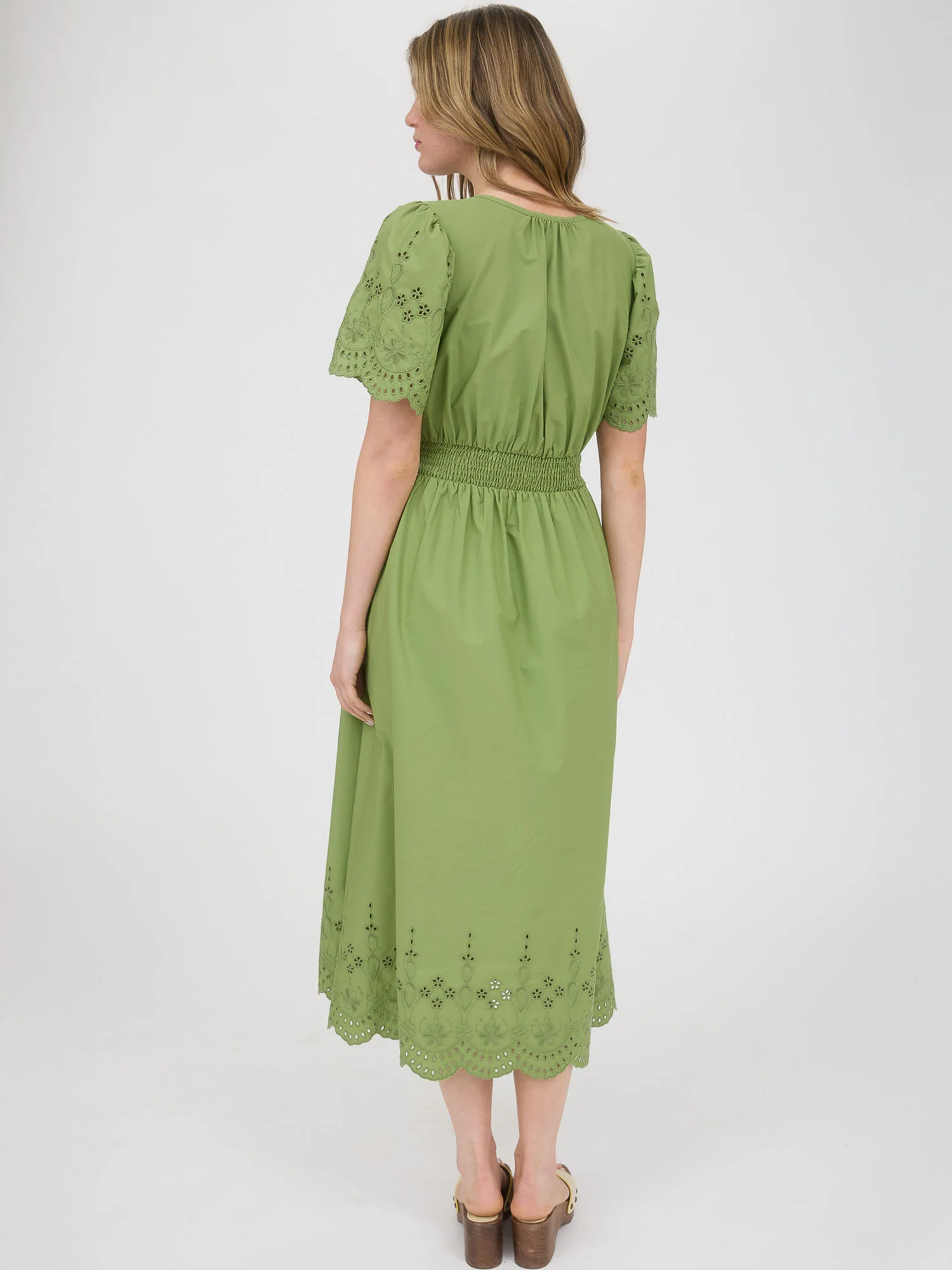 V-Neck Eyelet Sleeves Midi Dress With Bottom Tier Eyelet - Image 5