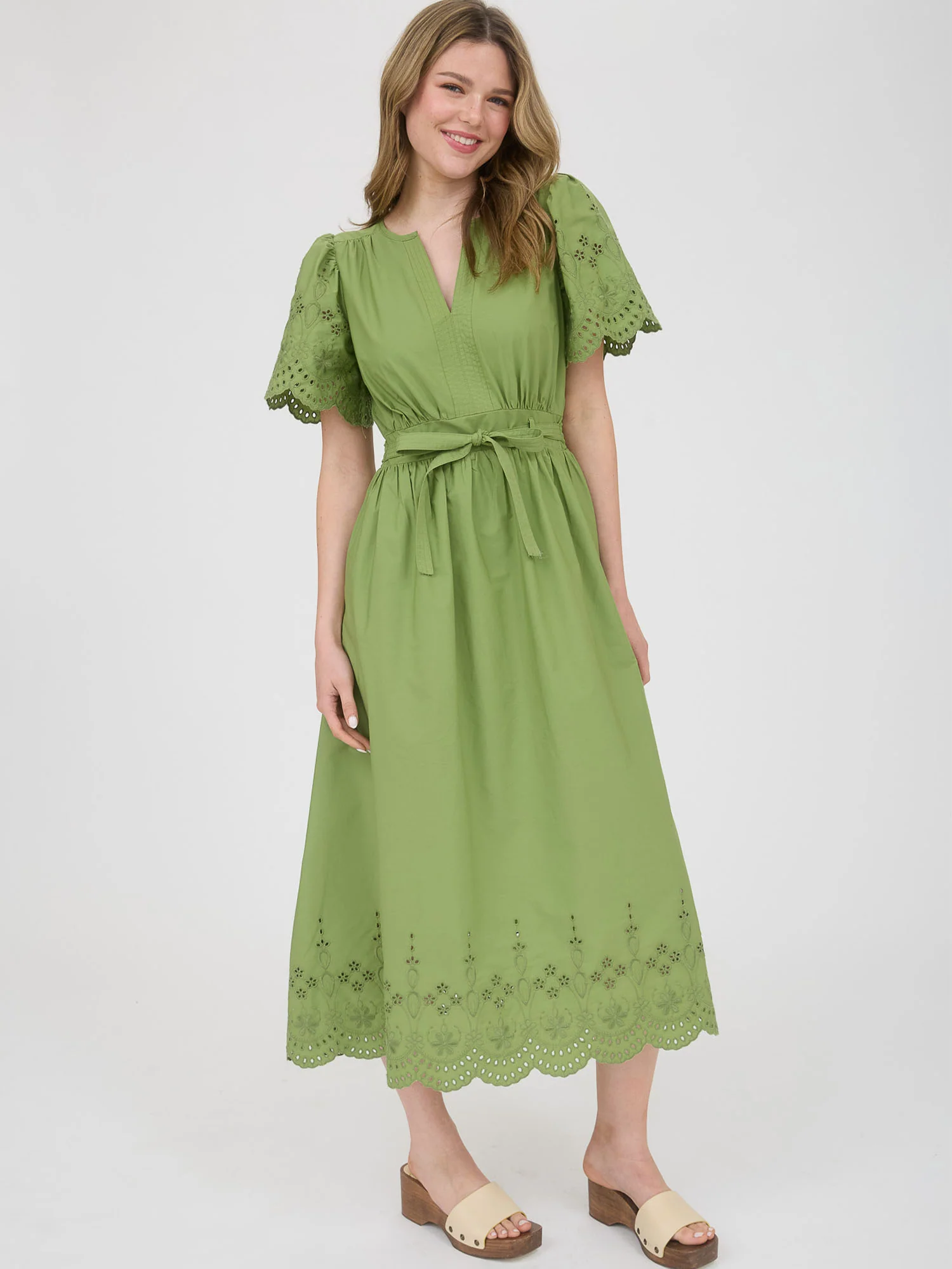 V-Neck Eyelet Sleeves Midi Dress With Bottom Tier Eyelet - Image 6