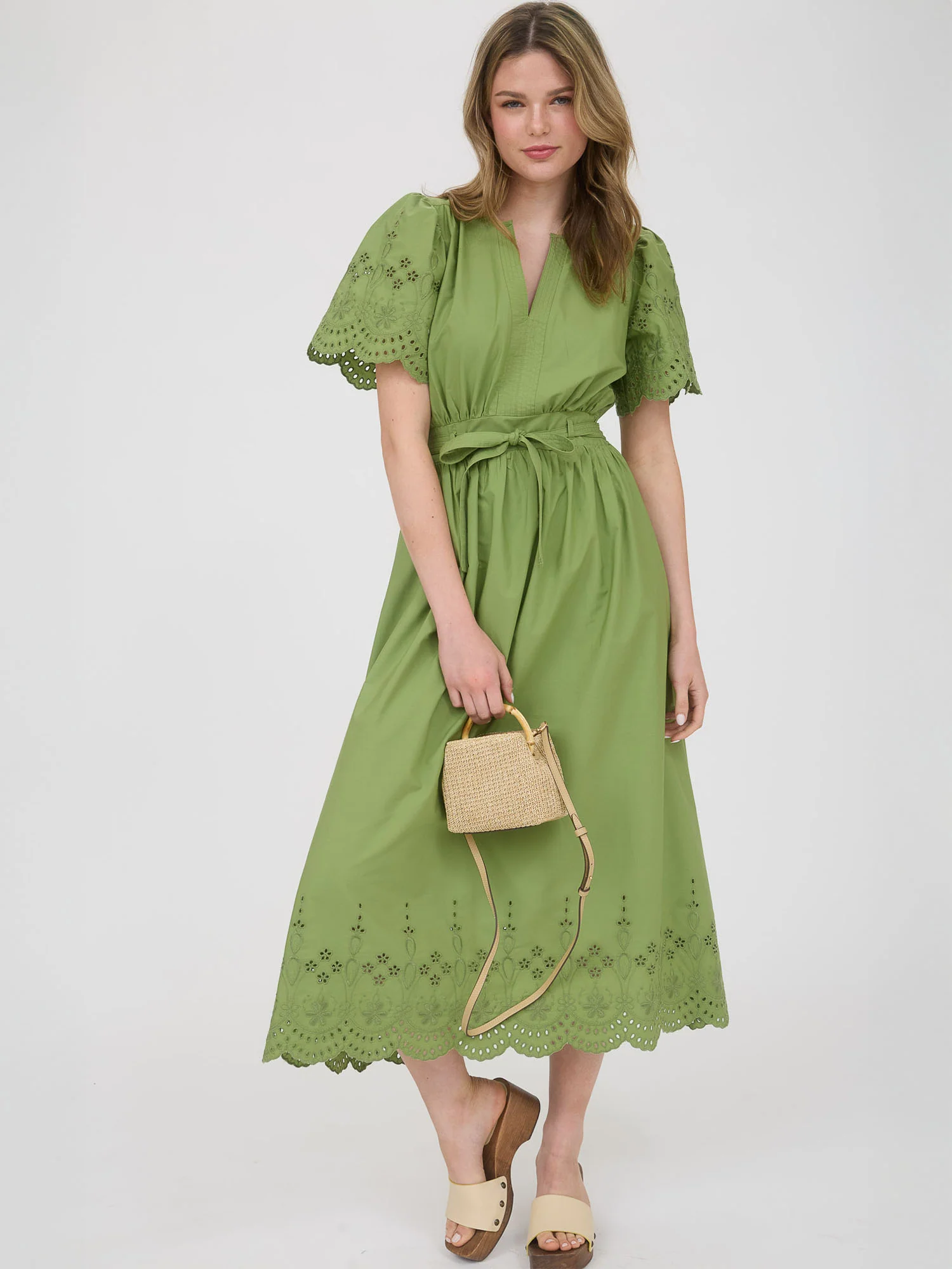V-Neck Eyelet Sleeves Midi Dress With Bottom Tier Eyelet - Image 7