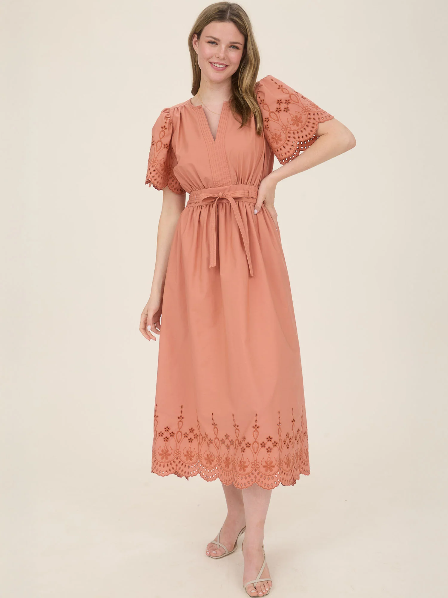 V-Neck Eyelet Sleeves Midi Dress With Bottom Tier Eyelet - Image 9